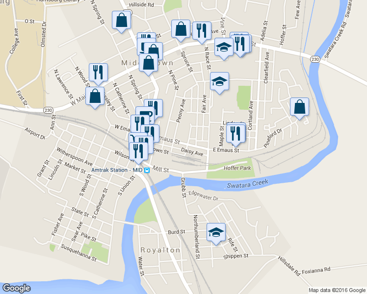 map of restaurants, bars, coffee shops, grocery stores, and more near 172 East Emaus Street in Middletown