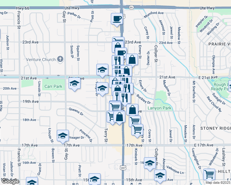 map of restaurants, bars, coffee shops, grocery stores, and more near 650 20th Avenue in Longmont