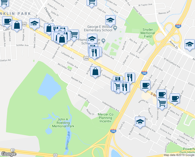 map of restaurants, bars, coffee shops, grocery stores, and more near Schiller Avenue & Lake Avenue in Trenton