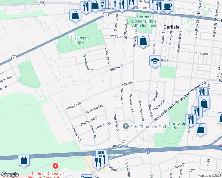 map of restaurants, bars, coffee shops, grocery stores, and more near 399 Hillside Drive in Carlisle
