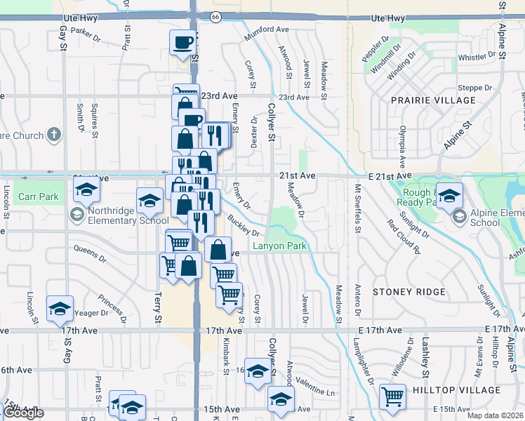 map of restaurants, bars, coffee shops, grocery stores, and more near 325 Emery Drive in Longmont