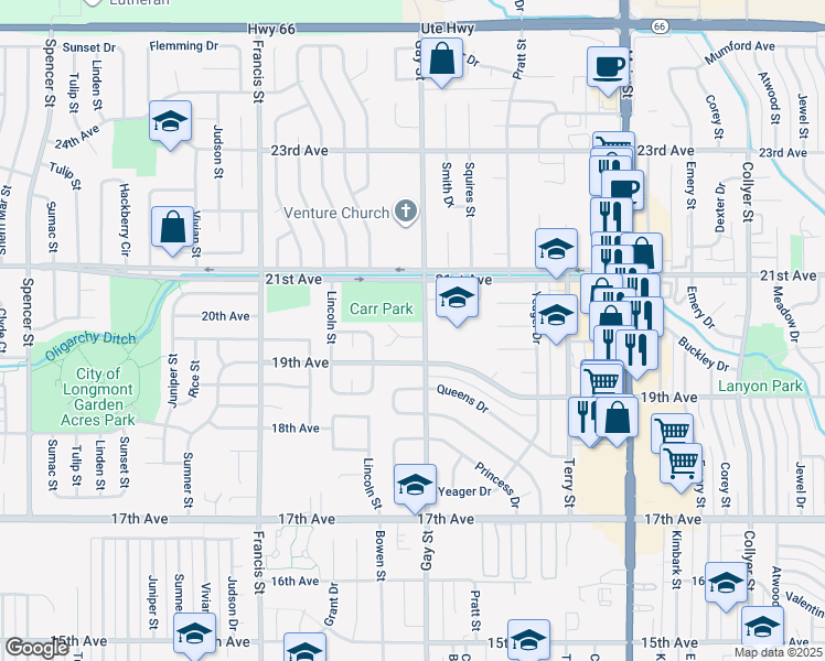 map of restaurants, bars, coffee shops, grocery stores, and more near 1358 Merl Place in Longmont