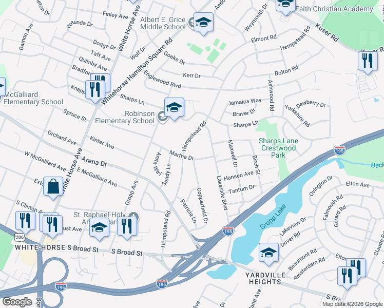 map of restaurants, bars, coffee shops, grocery stores, and more near 60 Hempstead Road in Hamilton Township