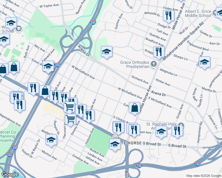 map of restaurants, bars, coffee shops, grocery stores, and more near 1736 Exton Avenue in Trenton