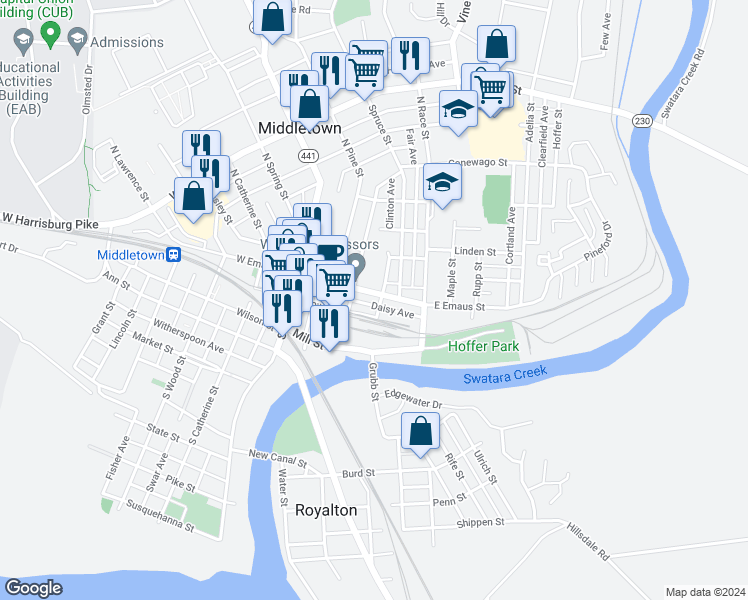 map of restaurants, bars, coffee shops, grocery stores, and more near 172 East Emaus Street in Middletown