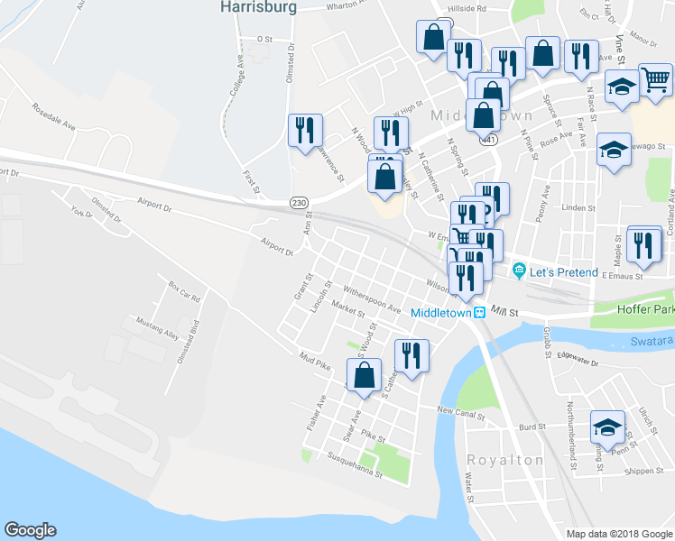 map of restaurants, bars, coffee shops, grocery stores, and more near 421 Witherspoon Avenue in Middletown