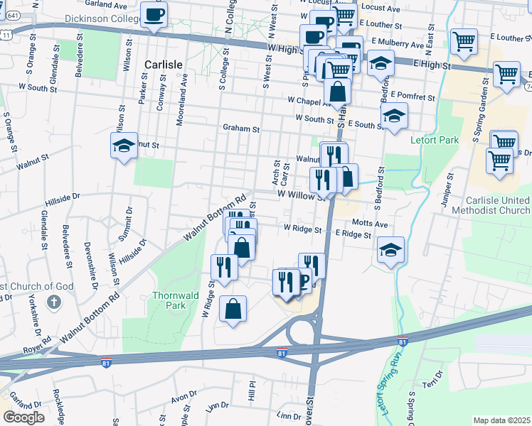 map of restaurants, bars, coffee shops, grocery stores, and more near 135 West Ridge Street in Carlisle