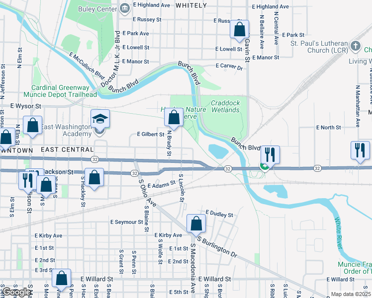 map of restaurants, bars, coffee shops, grocery stores, and more near 101-199 North Macedonia Avenue in Muncie