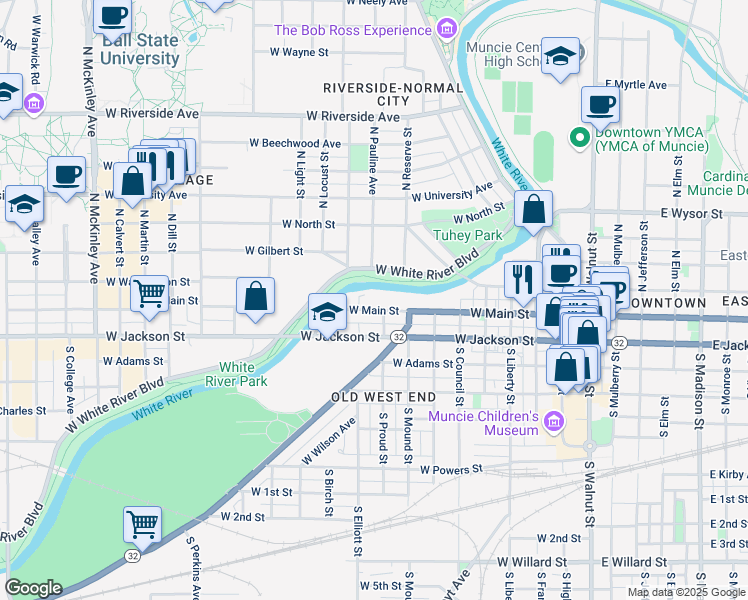 map of restaurants, bars, coffee shops, grocery stores, and more near 926 West Main Street in Muncie