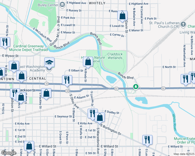 map of restaurants, bars, coffee shops, grocery stores, and more near 199 North Macedonia Avenue in Muncie