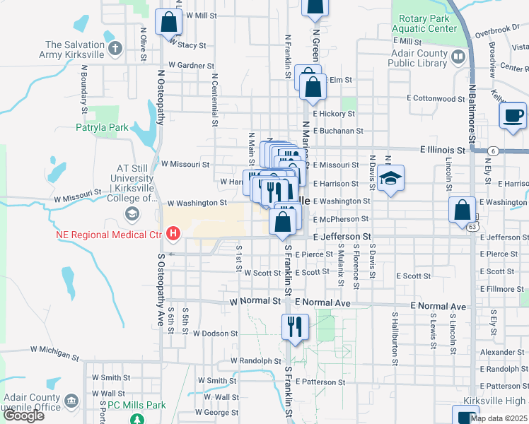 map of restaurants, bars, coffee shops, grocery stores, and more near 114 South Elson Street in Kirksville