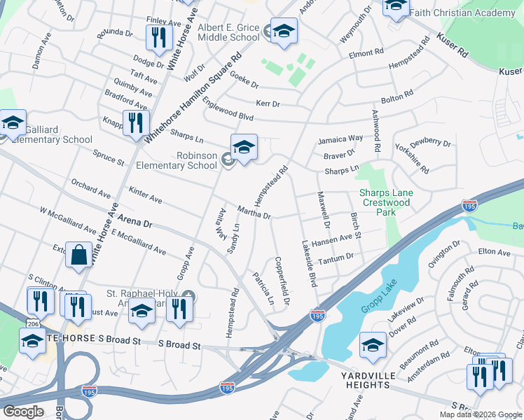 map of restaurants, bars, coffee shops, grocery stores, and more near 60 Hempstead Road in Hamilton Township