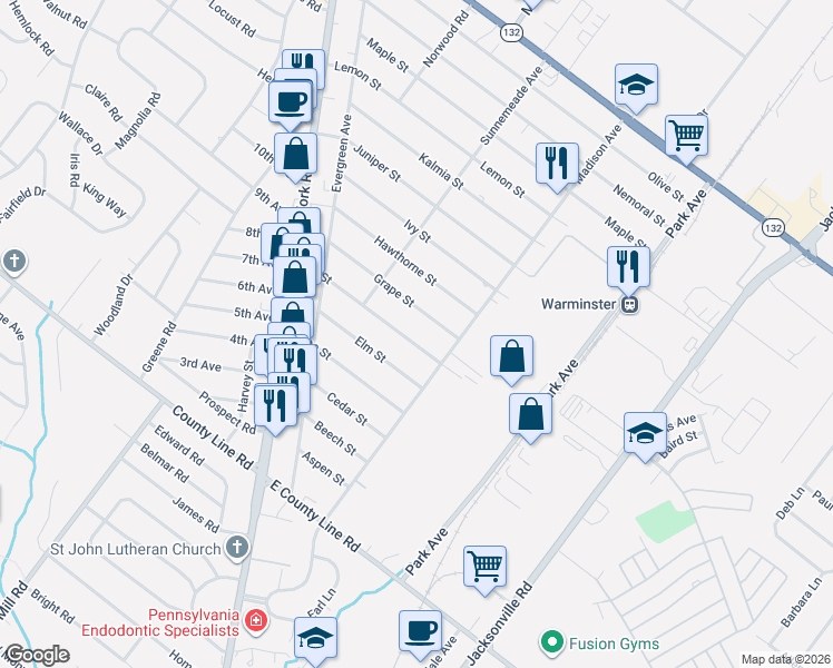 map of restaurants, bars, coffee shops, grocery stores, and more near 344 Fir Street in Warminster