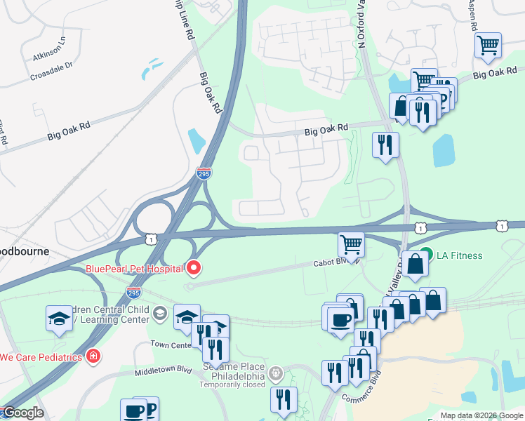 map of restaurants, bars, coffee shops, grocery stores, and more near 1677 Hickory Lane in Langhorne