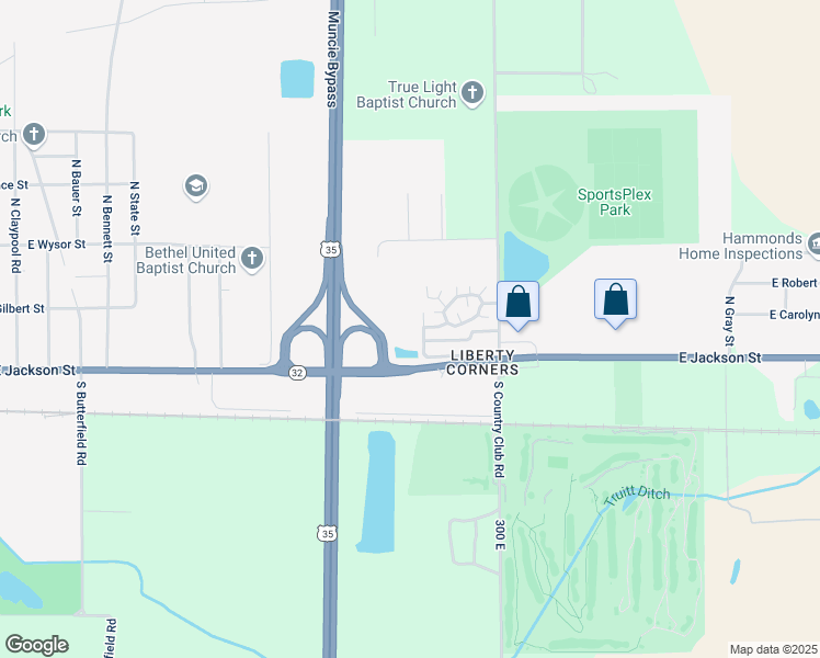 map of restaurants, bars, coffee shops, grocery stores, and more near 4600 East Jackson Street in Muncie