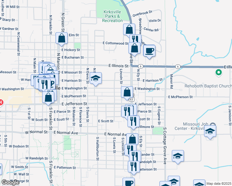 map of restaurants, bars, coffee shops, grocery stores, and more near 903 South Lewis Street in Kirksville