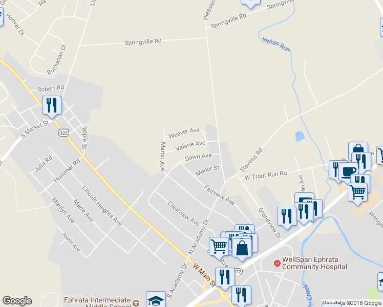 map of restaurants, bars, coffee shops, grocery stores, and more near 1166 Dawn Ave in Ephrata