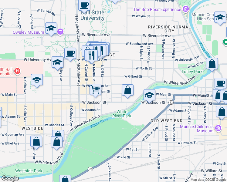 map of restaurants, bars, coffee shops, grocery stores, and more near 1428 West Main Street in Muncie