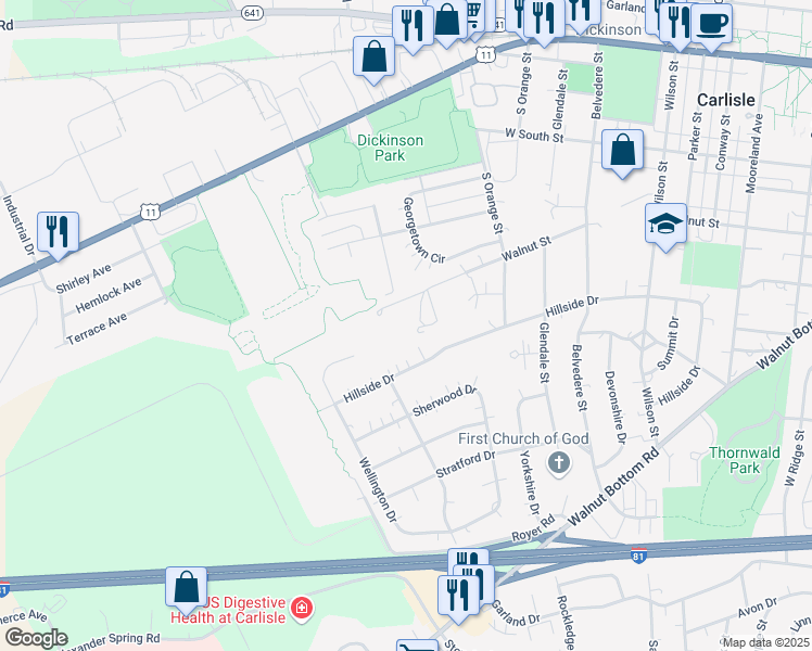 map of restaurants, bars, coffee shops, grocery stores, and more near 1000 Walnut St in Carlisle