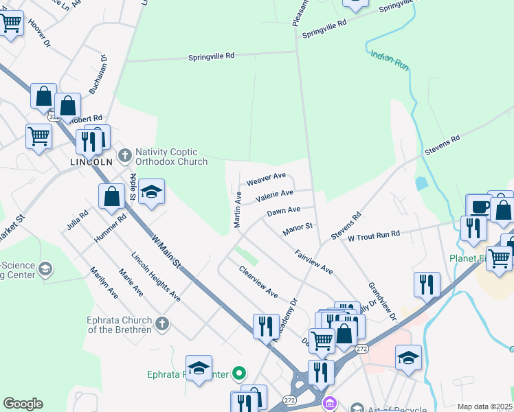 map of restaurants, bars, coffee shops, grocery stores, and more near 25 Valerie Avenue in Ephrata