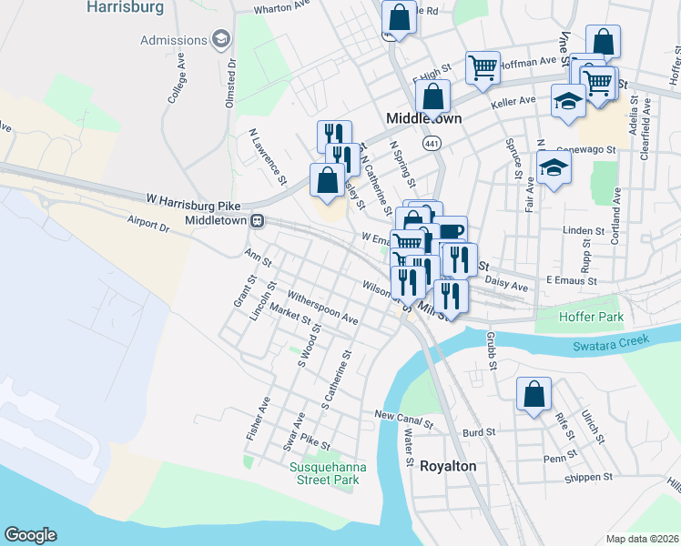 map of restaurants, bars, coffee shops, grocery stores, and more near 212 Wilson Street in Middletown