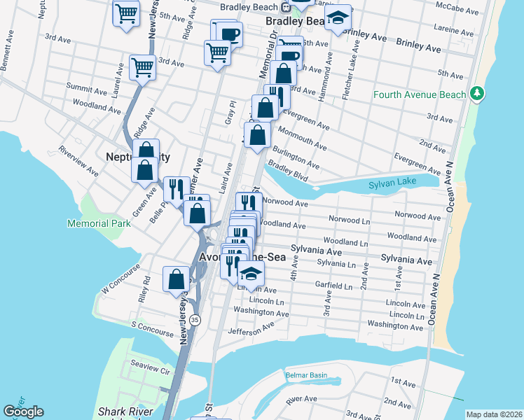 map of restaurants, bars, coffee shops, grocery stores, and more near 607 5th Avenue in Avon-by-the-Sea