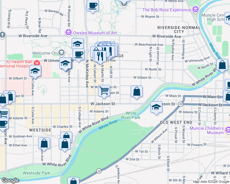 map of restaurants, bars, coffee shops, grocery stores, and more near 1516 West Main Street in Muncie