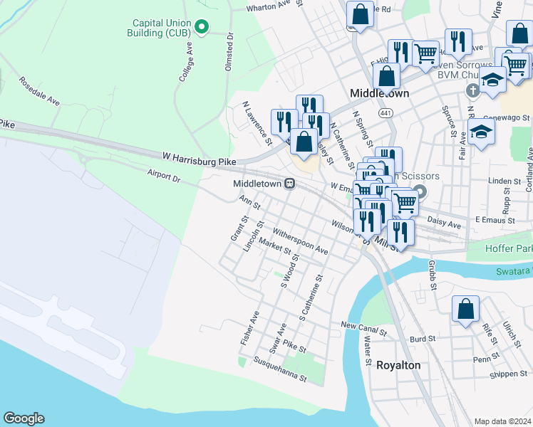 map of restaurants, bars, coffee shops, grocery stores, and more near 334 Ann Street in Middletown