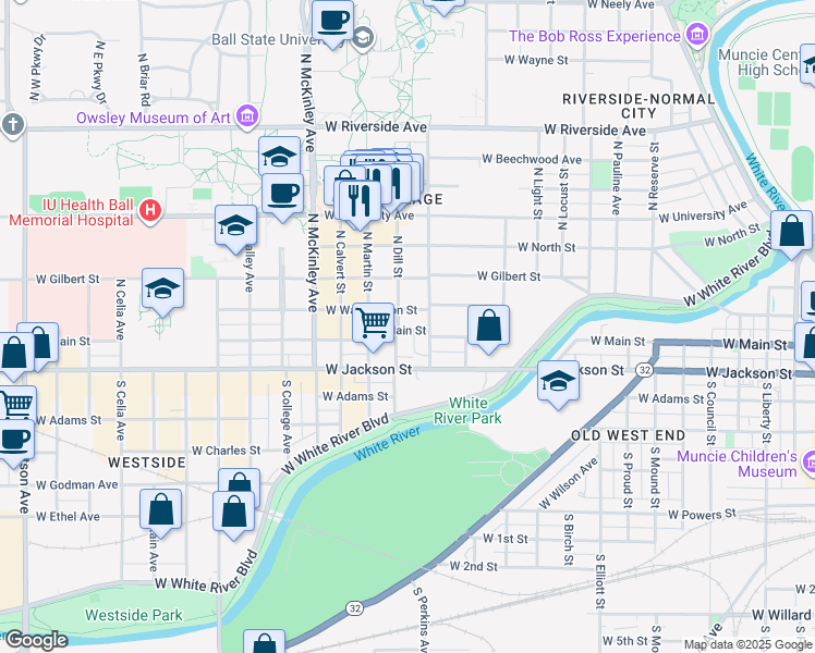 map of restaurants, bars, coffee shops, grocery stores, and more near 1515 West Main Street in Muncie