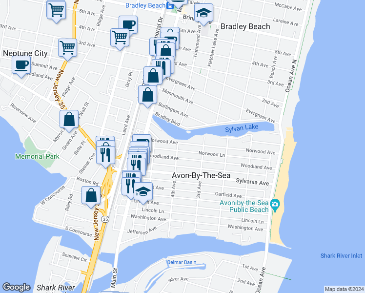 map of restaurants, bars, coffee shops, grocery stores, and more near 337 Norwood Avenue in Avon-by-the-Sea