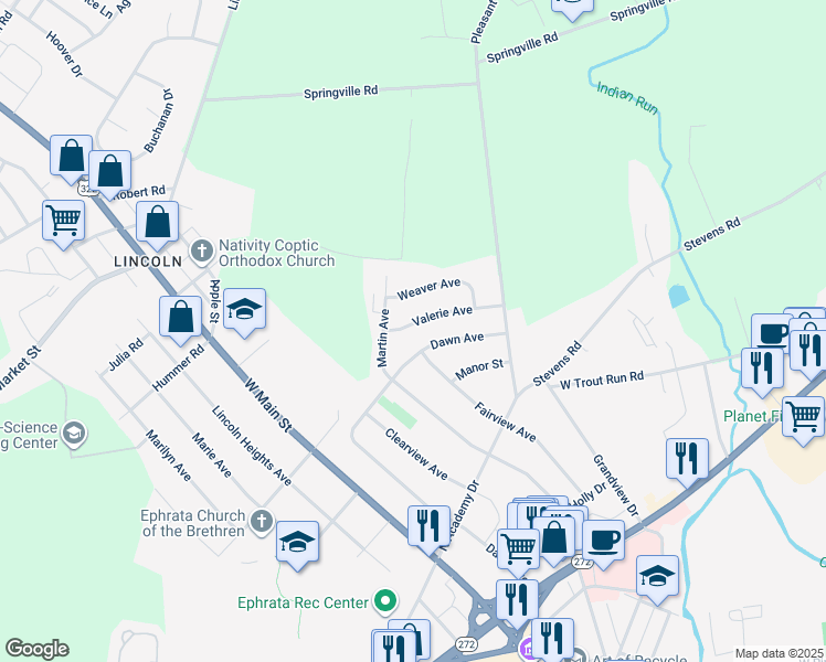 map of restaurants, bars, coffee shops, grocery stores, and more near 25 Valerie Avenue in Ephrata