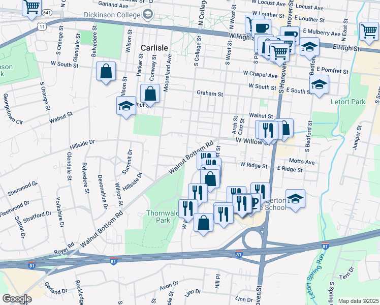 map of restaurants, bars, coffee shops, grocery stores, and more near 521 South College Street in Carlisle