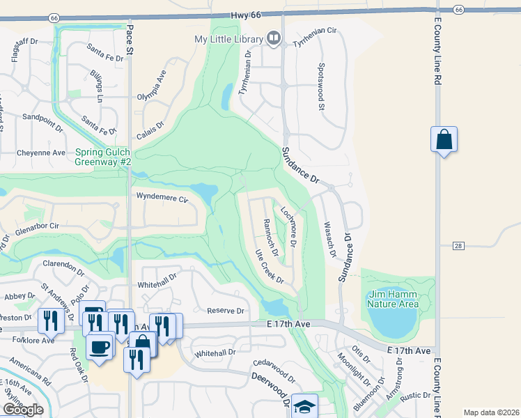 map of restaurants, bars, coffee shops, grocery stores, and more near 1923 Rannoch Drive in Longmont