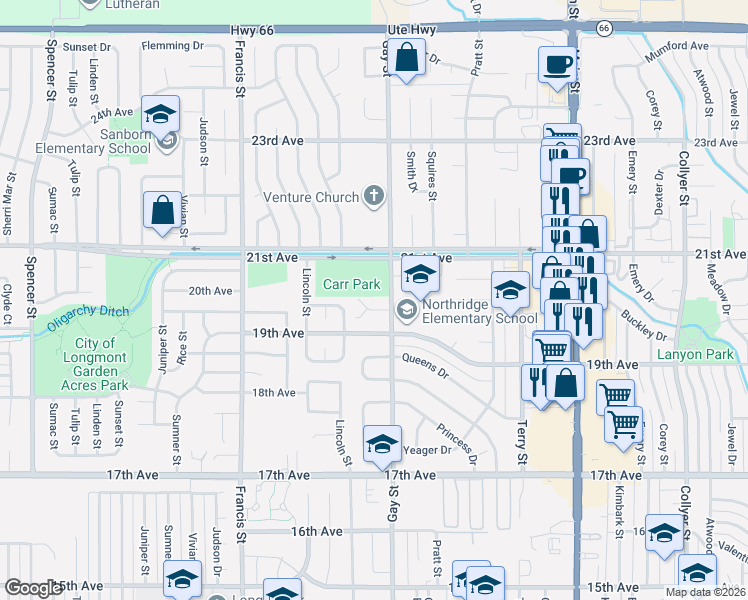 map of restaurants, bars, coffee shops, grocery stores, and more near 1358 Merl Place in Longmont