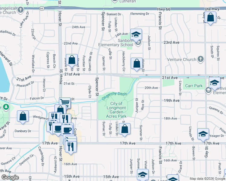 map of restaurants, bars, coffee shops, grocery stores, and more near 1809 Tyler Avenue in Longmont