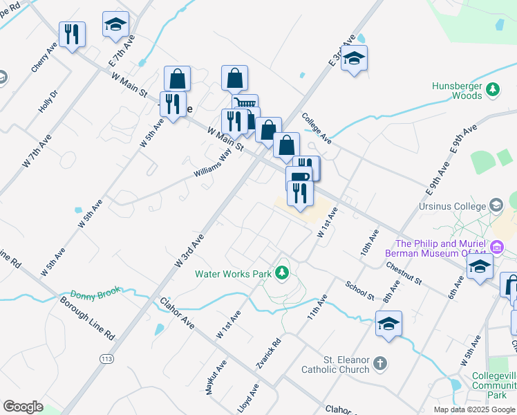 map of restaurants, bars, coffee shops, grocery stores, and more near 825 Dewees Place in Collegeville