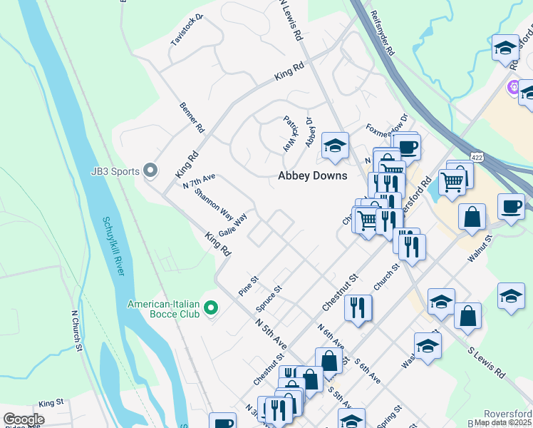map of restaurants, bars, coffee shops, grocery stores, and more near 463 North 7th Avenue in Royersford