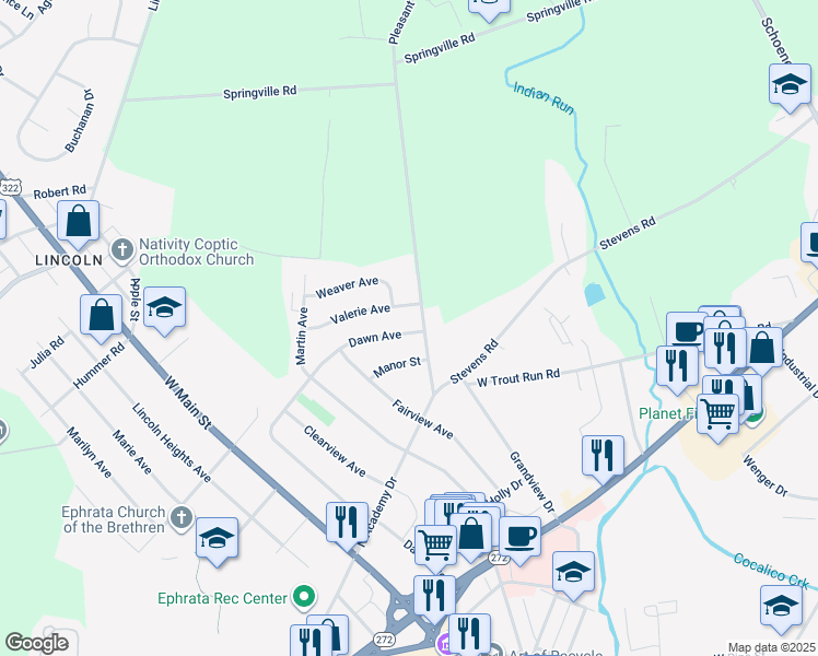 map of restaurants, bars, coffee shops, grocery stores, and more near 1205 Dawn Avenue in Ephrata