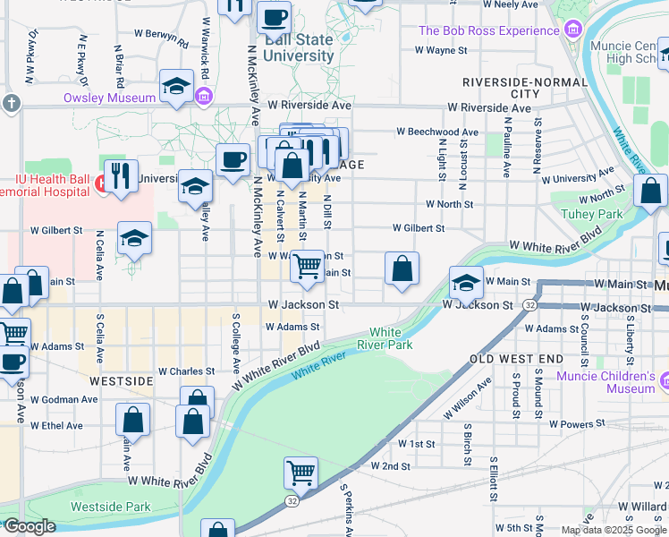 map of restaurants, bars, coffee shops, grocery stores, and more near 1515 West Main Street in Muncie