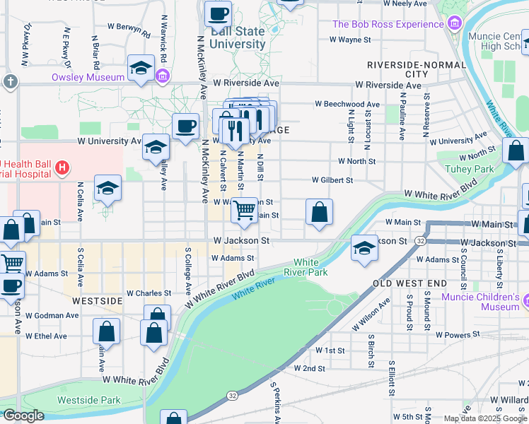 map of restaurants, bars, coffee shops, grocery stores, and more near 1515 West Main Street in Muncie