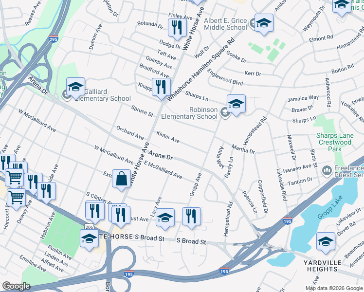 map of restaurants, bars, coffee shops, grocery stores, and more near 2007 Kinter Avenue in Hamilton Township