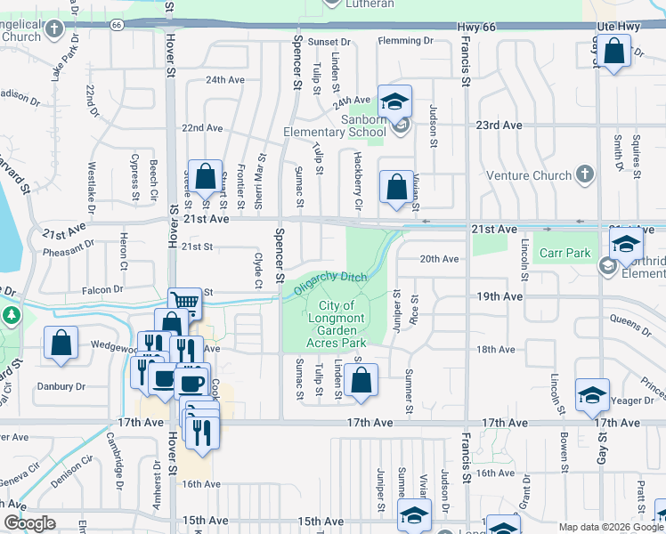 map of restaurants, bars, coffee shops, grocery stores, and more near 1809 Tyler Avenue in Longmont