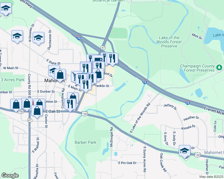 map of restaurants, bars, coffee shops, grocery stores, and more near 821 East Franklin Street in Mahomet