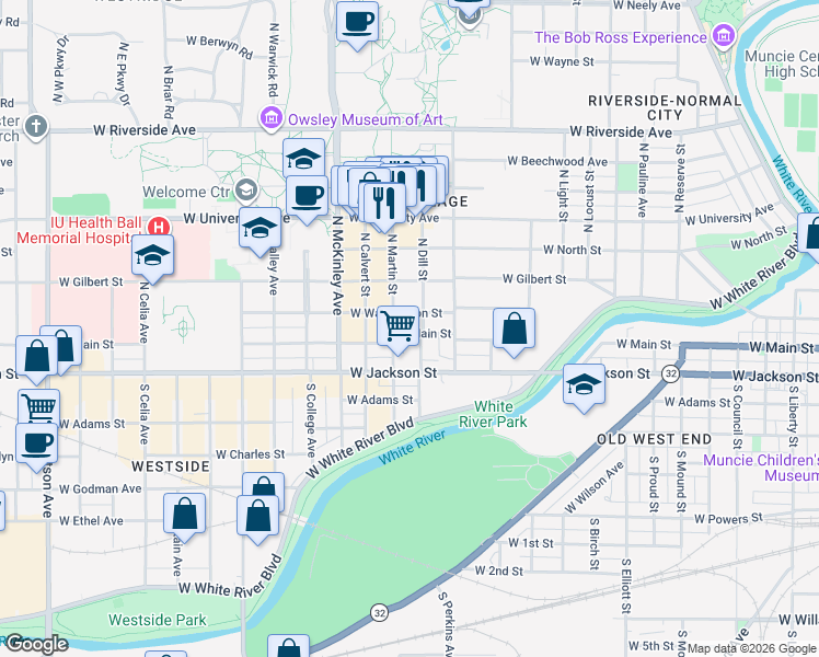 map of restaurants, bars, coffee shops, grocery stores, and more near 100 South Martin Street in Muncie