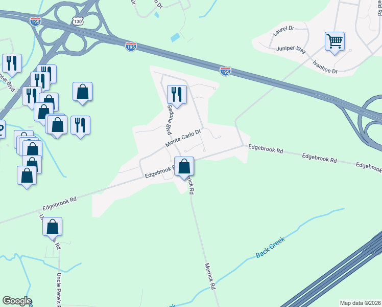 map of restaurants, bars, coffee shops, grocery stores, and more near 11 Sanibel Lane in Robbinsville Township