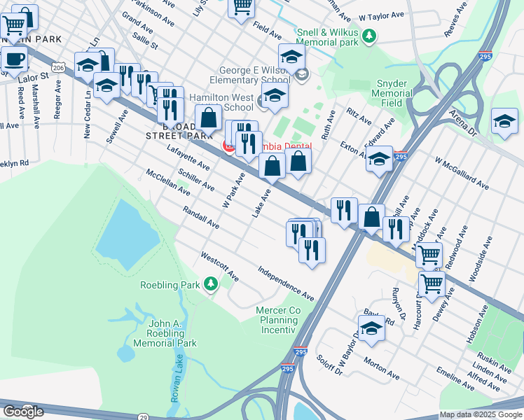 map of restaurants, bars, coffee shops, grocery stores, and more near 209 Lake Avenue in Hamilton Township