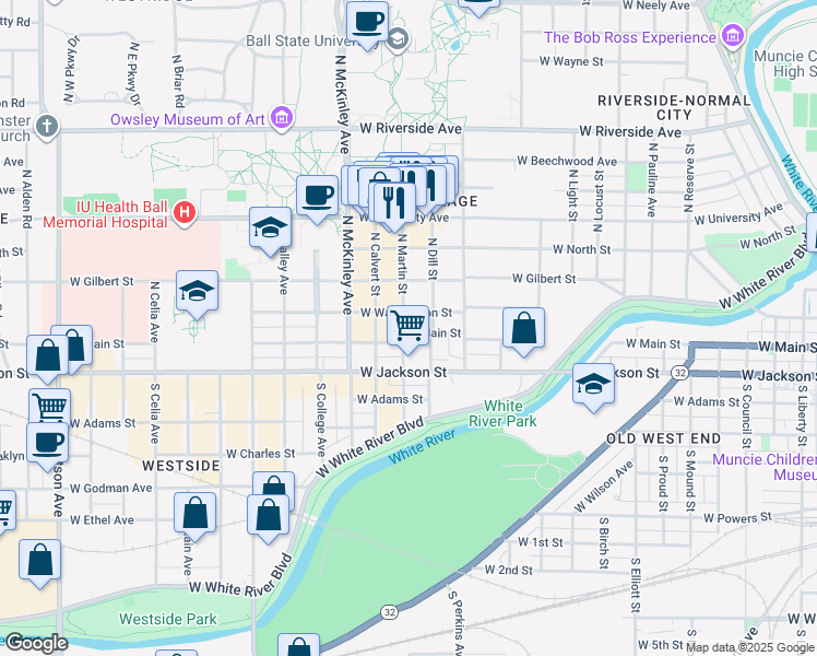 map of restaurants, bars, coffee shops, grocery stores, and more near 100 South Martin Street in Muncie