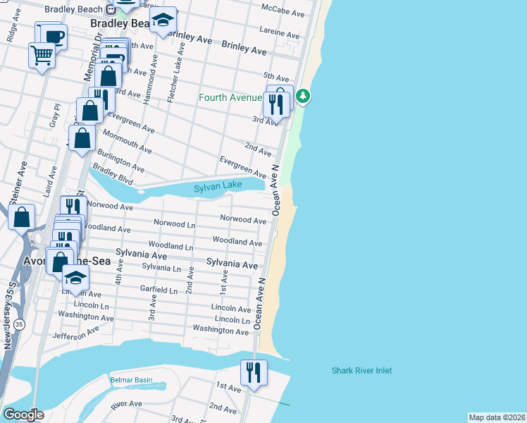map of restaurants, bars, coffee shops, grocery stores, and more near 24 Norwood Avenue in Avon-by-the-Sea