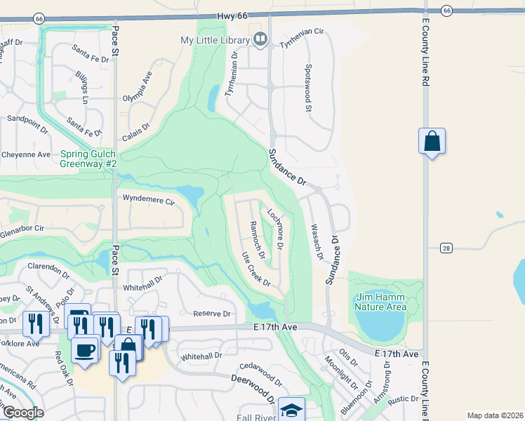 map of restaurants, bars, coffee shops, grocery stores, and more near 1931 Lochmore Drive in Longmont