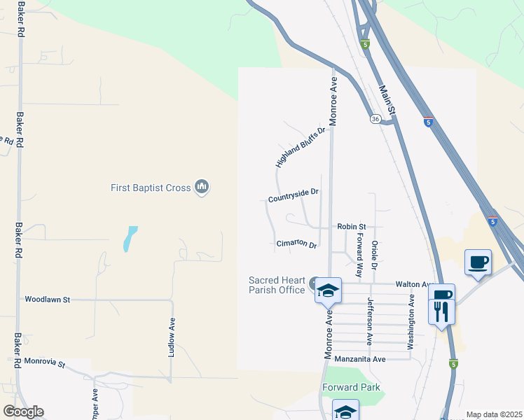 map of restaurants, bars, coffee shops, grocery stores, and more near 2645 Meadowview Drive in Red Bluff